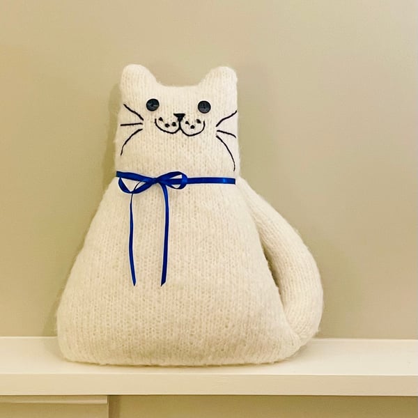 Hand knitted white mohair cat,   collectables, cat shaped cushion    