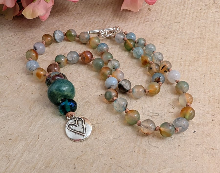 Agate pale blue, green and brown necklace with ceramic pendant and heart charm 