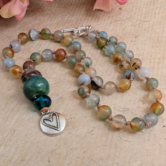 Agate pale blue, green and brown necklace with ceramic pendant and heart charm 
