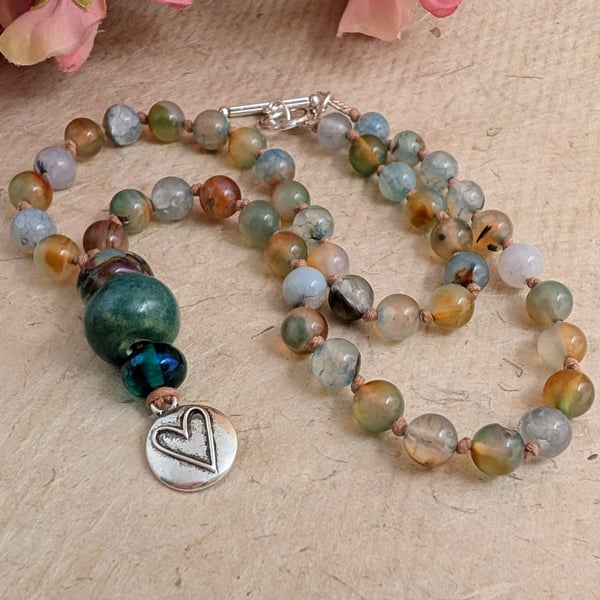 Agate pale blue, green and brown necklace with ceramic pendant and heart charm 