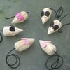 Six little wooden mice decorations each mouse has felt ears & long black tail