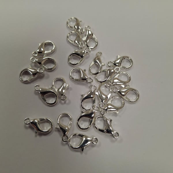 100 x Brass Silver Tone 15 x 12mm Lobster Clasps