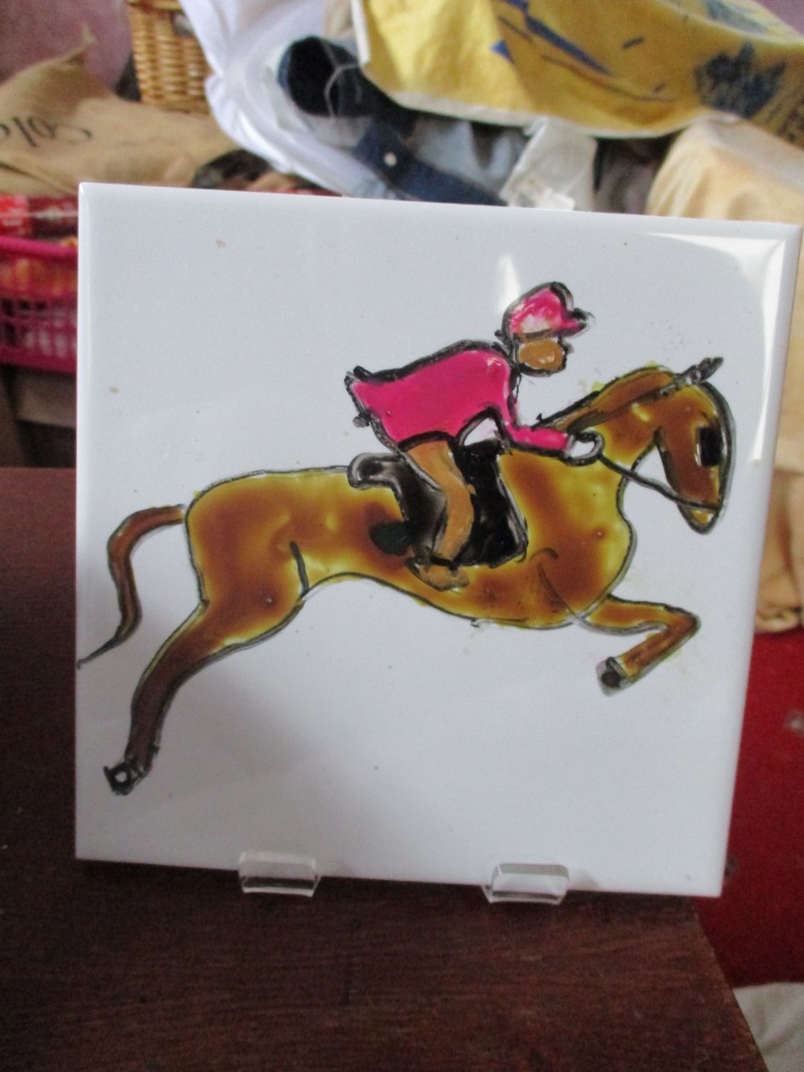 A Horse and Jockey Painted Tile Coaster