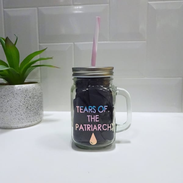 Holographic Mason Jar - Tears of The Patriarchy, Iced Coffee Glass Mug, Cold Bre