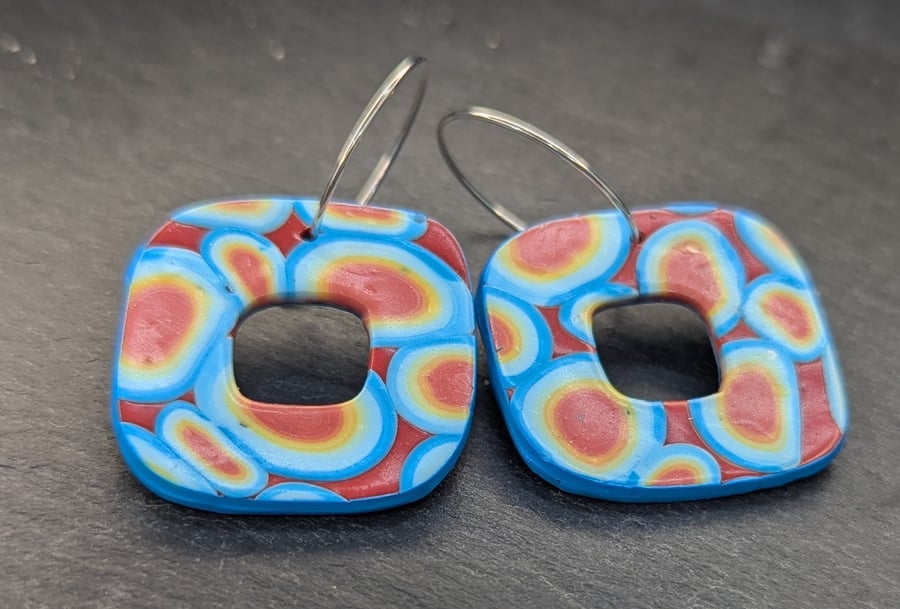 Orange and blue square dangle earrings 