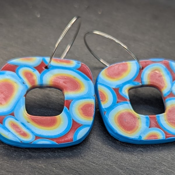 Orange and blue square dangle earrings 