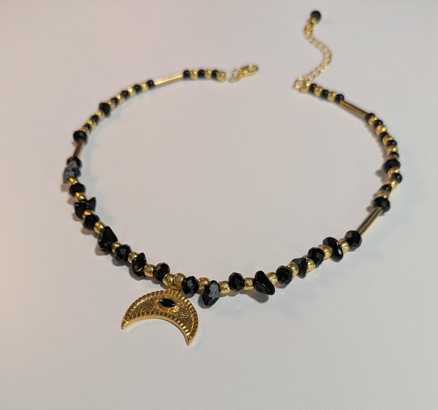 Black and Gold Moon Necklace