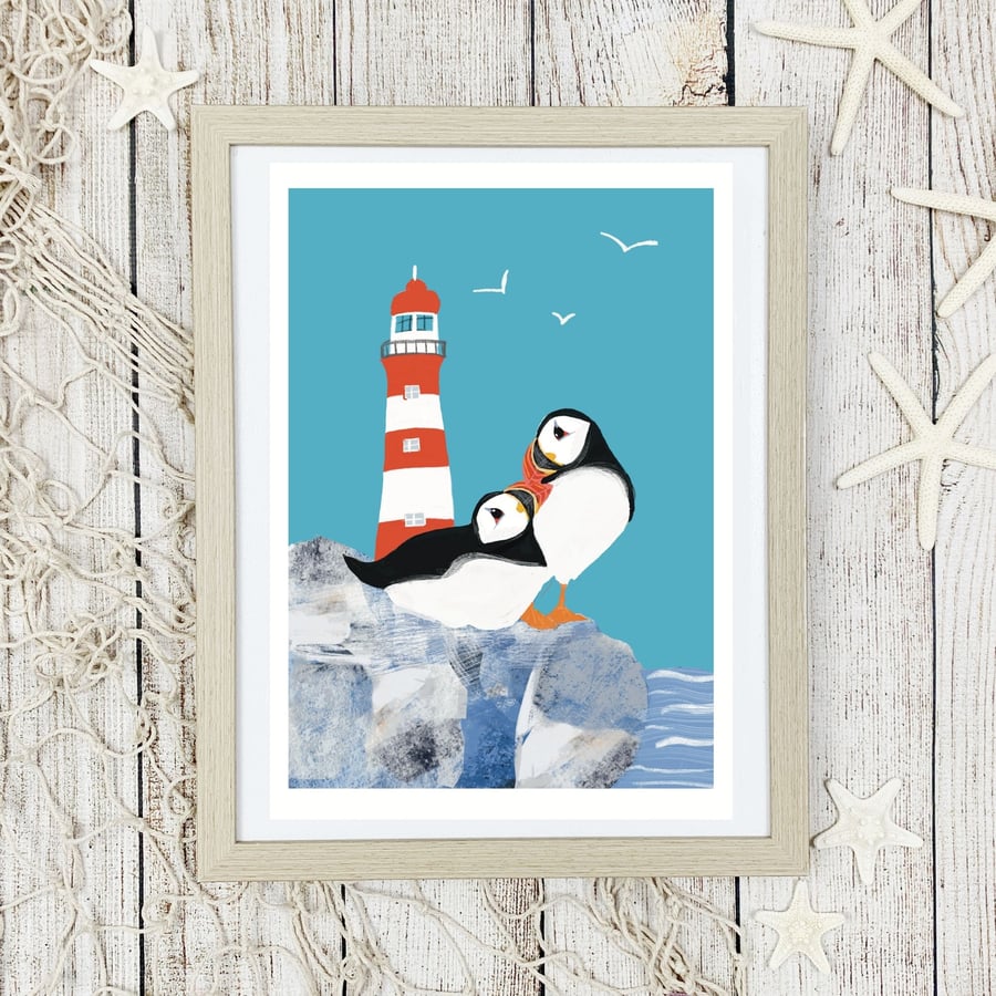 Seaside Coastal Art Bird puffin lighthouse Print 