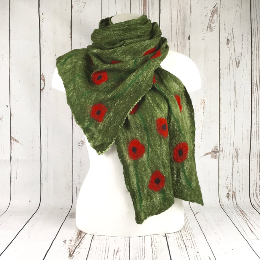 Green nuno felted long poppy scarf, merino wool on cotton