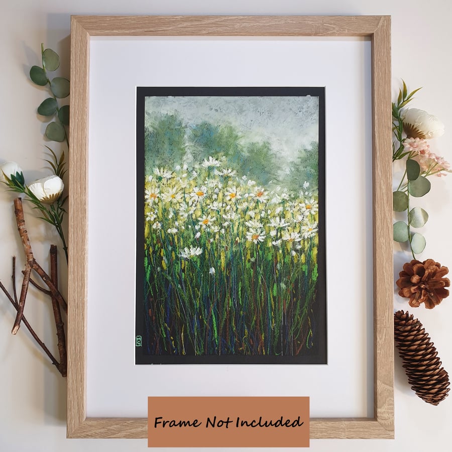 A Patch of Oxeye Daisies original oil pastel painting, floral landscape wall art