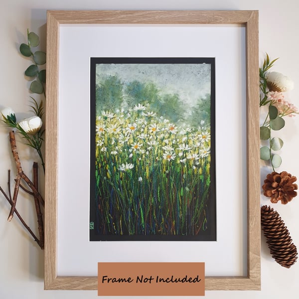 A Patch of Oxeye Daisies original oil pastel painting, floral landscape wall art