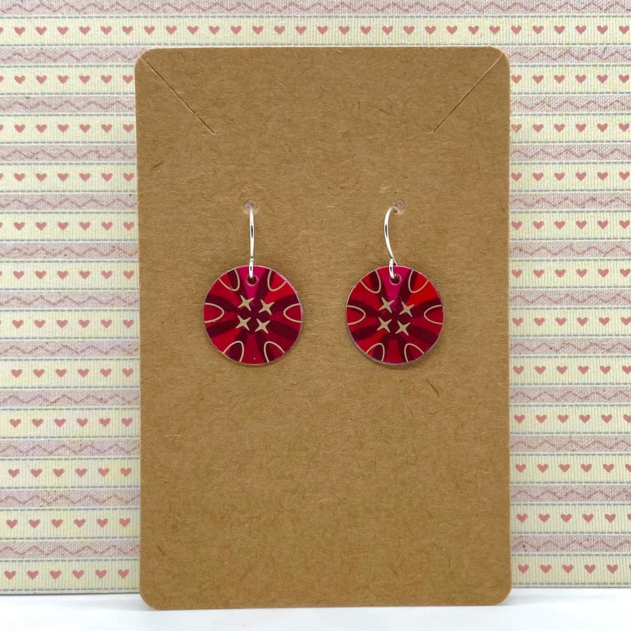 Recycled plastic red pattern circle drop earrings