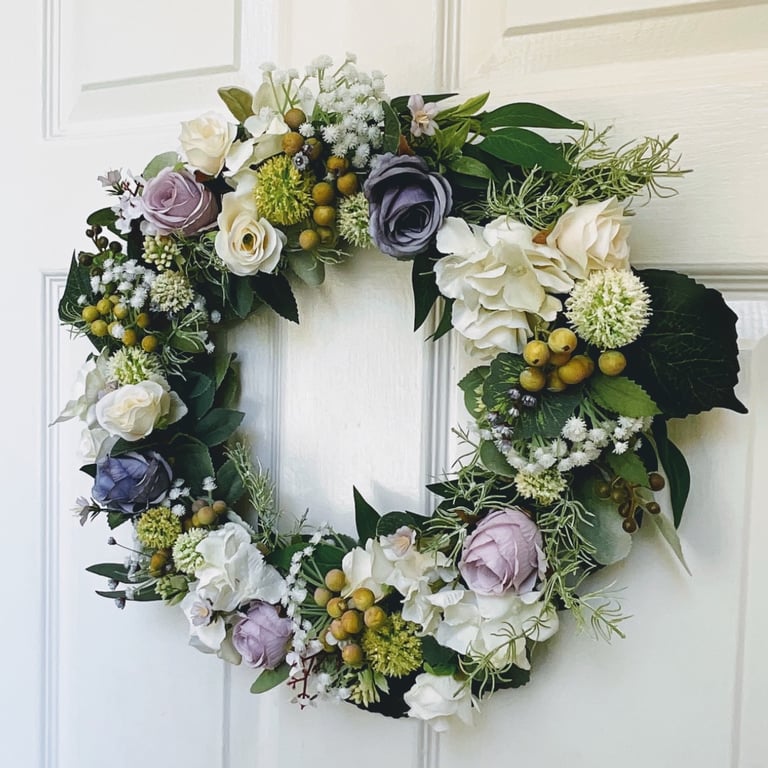 Handmade English Country Door Wreath - Ivory & Lilac Rose Wreath
