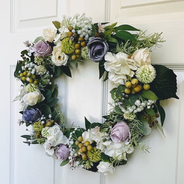 Handmade English Country Door Wreath - Ivory & Lilac Rose Wreath