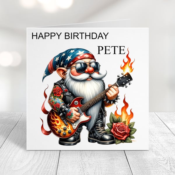 Personalised Rocking Guitar Gnome Birthday Card