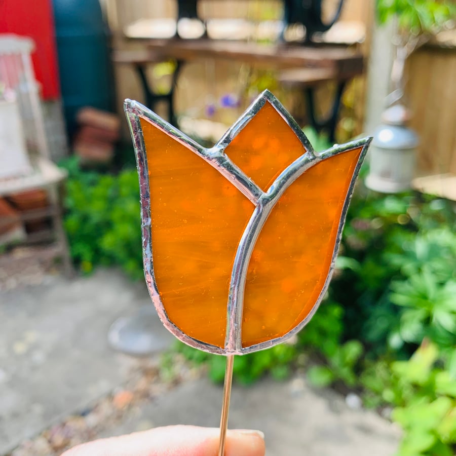 Stained  Glass Tulip Stake Small - Handmade Plant Pot Dec -  Orange