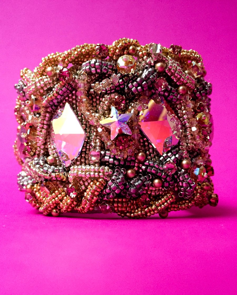 Starlight Swarovski glittering crystal beaded leather cuff bangle bracelet
