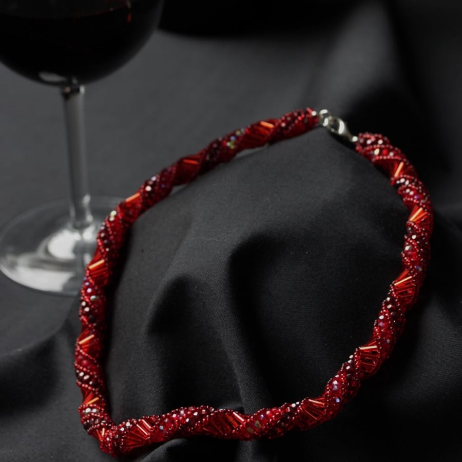 Red Russian Spiral Necklace with Firepolished Beads