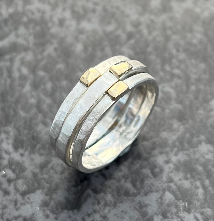 Gold and Silver Stack Ring, gold top stack ring, hammered silver stack ring, 