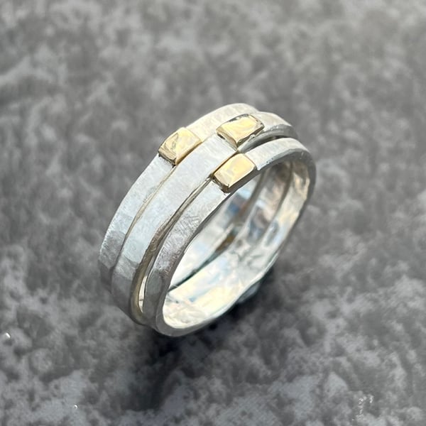 Gold and Silver Stack Ring, gold top stack ring, hammered silver stack ring, 
