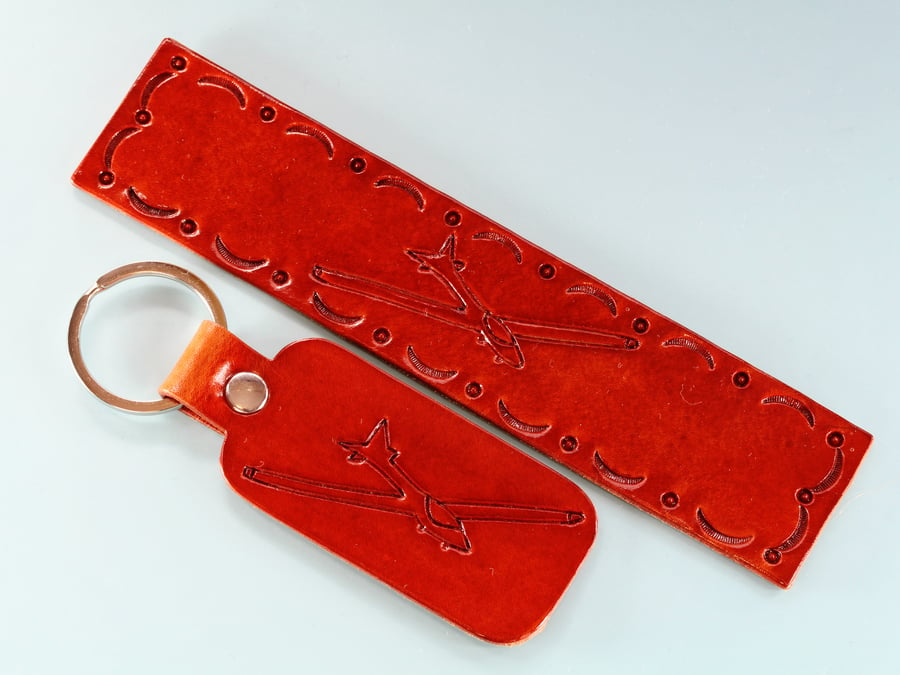 Hand Carved Glider Leather Bookmark Gift Set, Leather Keyring, Glider Pilot Gift