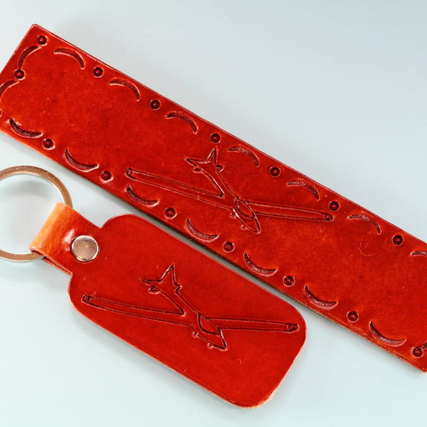 Hand Carved Glider Leather Bookmark Gift Set, Leather Keyring, Glider Pilot Gift
