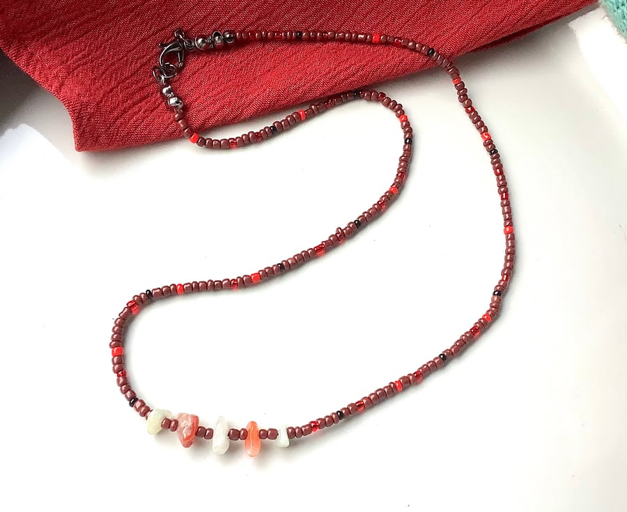 Minimalist Boho necklace, beads & gemstones rustic, Brown and brick red
