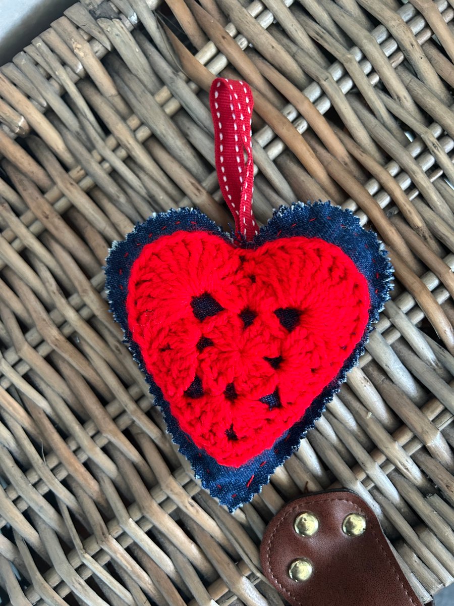 Shabby Chic Recycled Denim Heart Red Crocheted Heart 