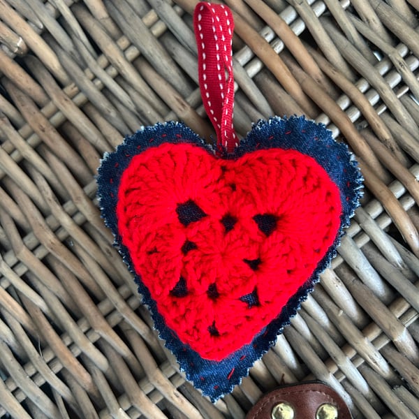 Shabby Chic Recycled Denim Heart Red Crocheted Heart 