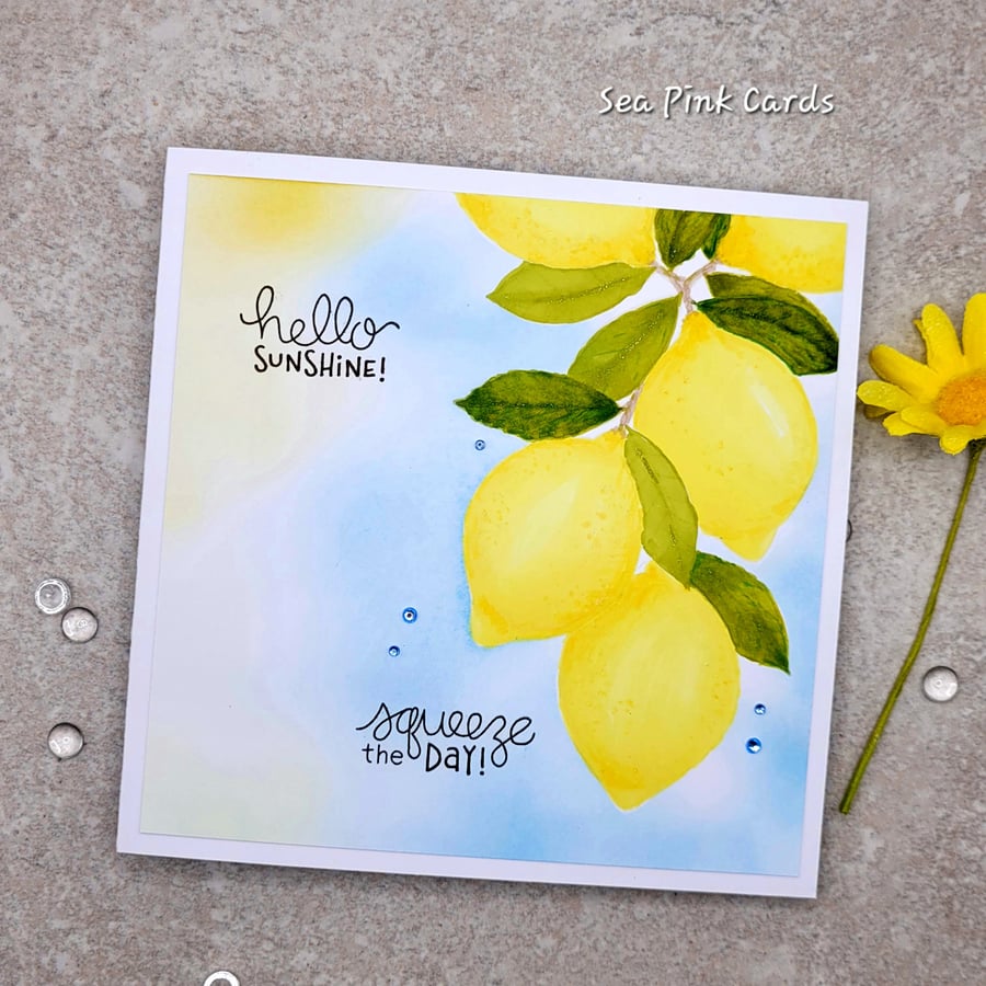 Birthday card, handmade cards, lemons, sunshine, blue sky 