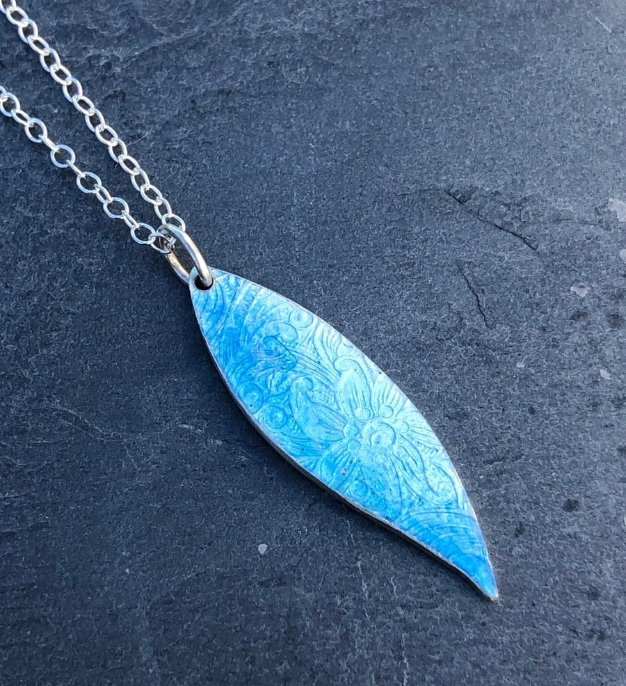Enamel pendant, blue leaf necklace, leaf pendant, nature, 
