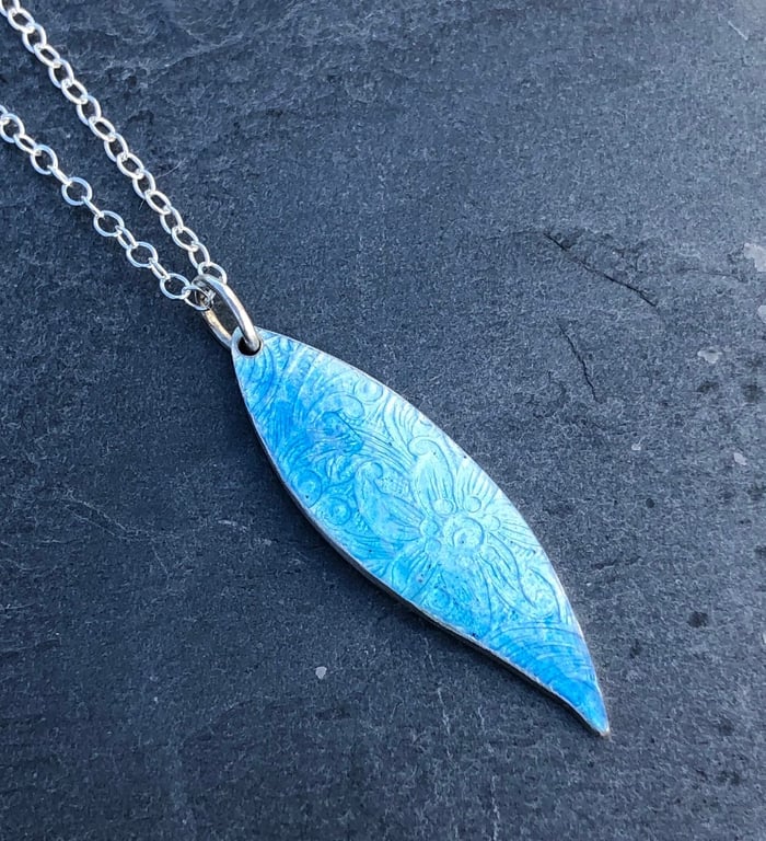 Enamel pendant, blue leaf necklace, leaf pendant, nature, 