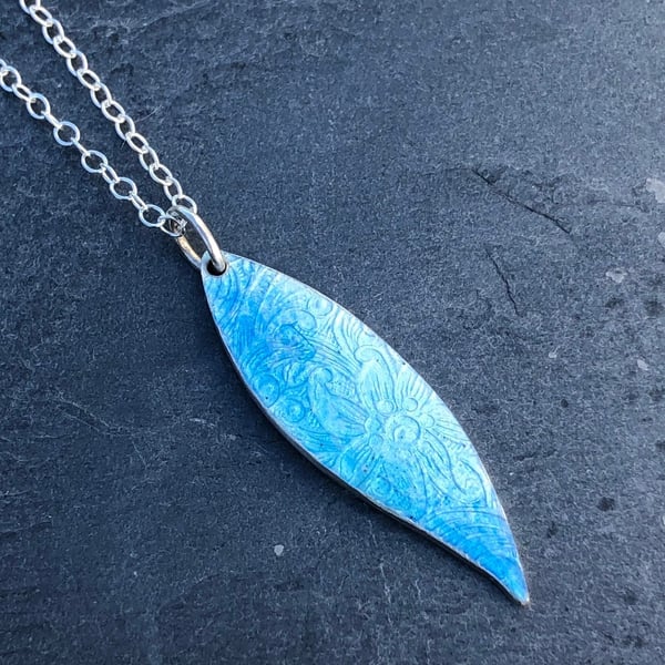 Blue Leaf Pendant, enamel pendant, blue enamel necklace, leaf pendant, enamel, 