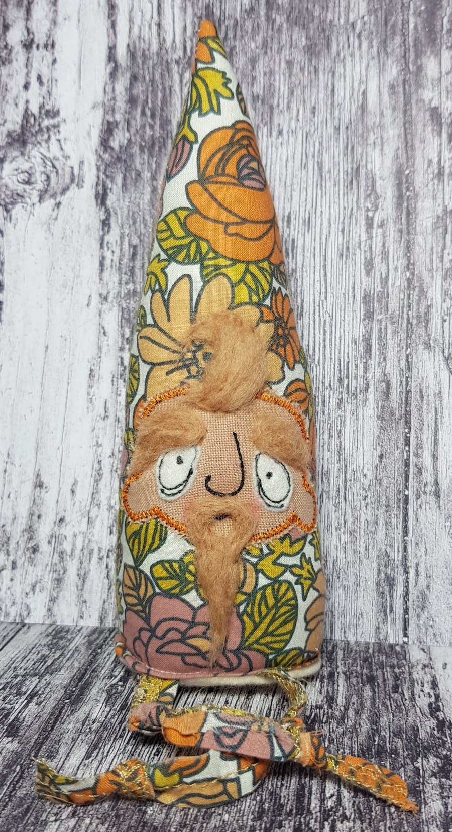 Retro Floral Gnome, Rusty, In Upcycled Fabric