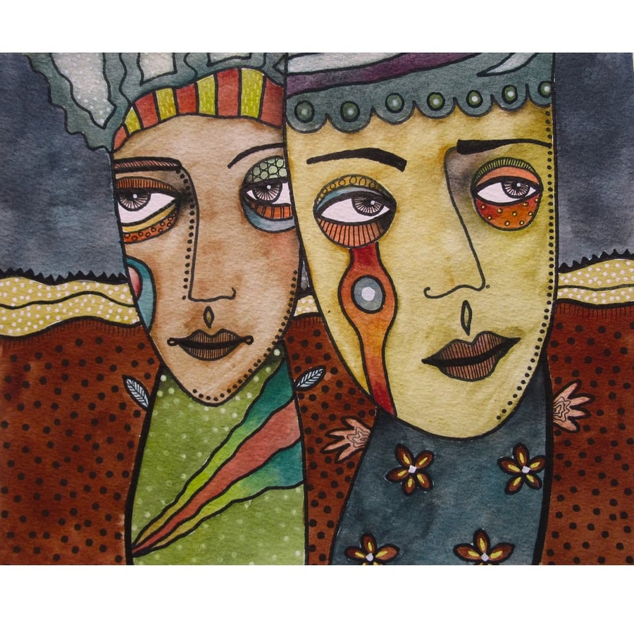 Watercolour Portrait Painting Quirky Outsider Folk Art Figurative 8 x 10 Inches