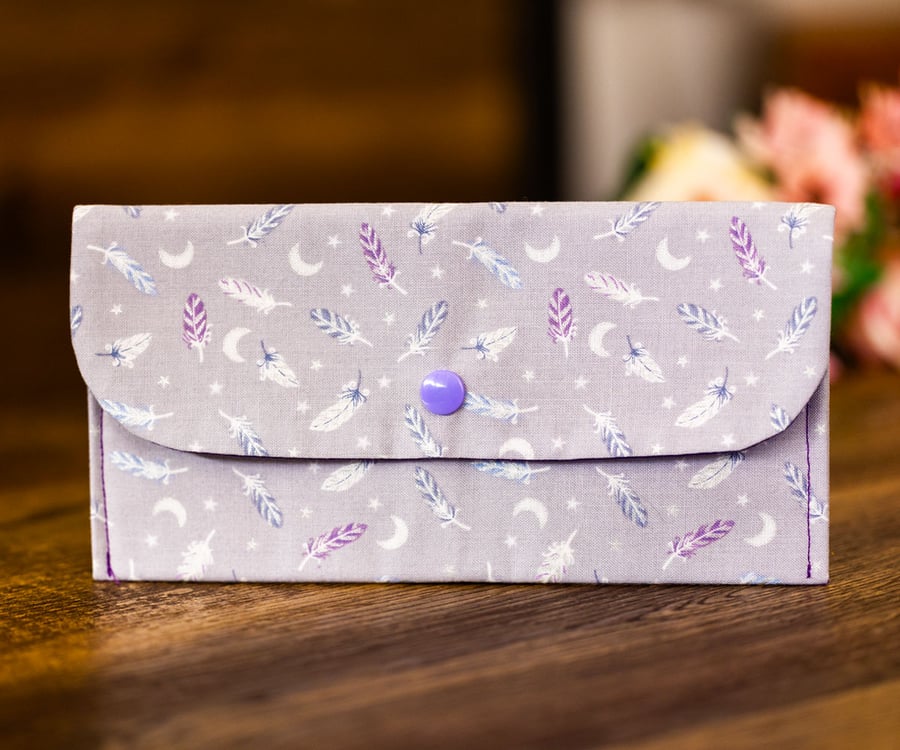 Handmade Coin Purse, Wallet Card Holder, Mini Wallet-Lilac Feather Design-CP50
