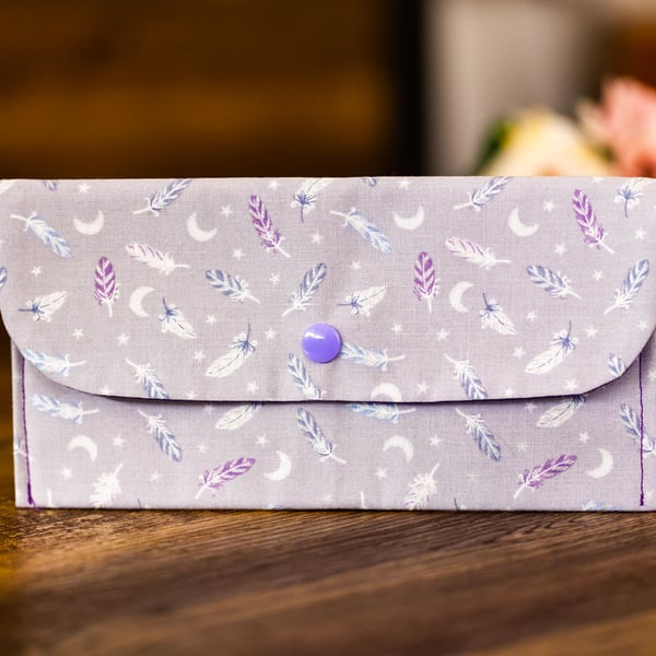Handmade Coin Purse, Wallet Card Holder, Mini Wallet-Lilac Feather Design-CP50
