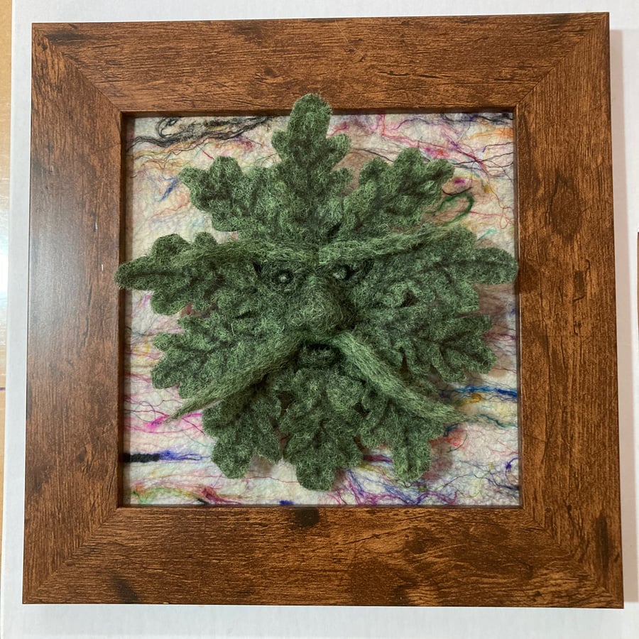 Framed miniature green man picture, needle felted