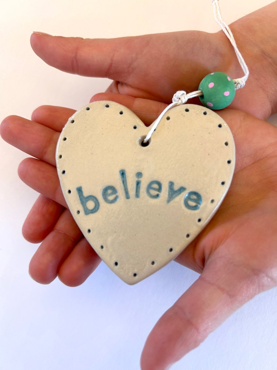 Believe - Letterbox Love Handmade Ceramic Heart Hanging Decoration