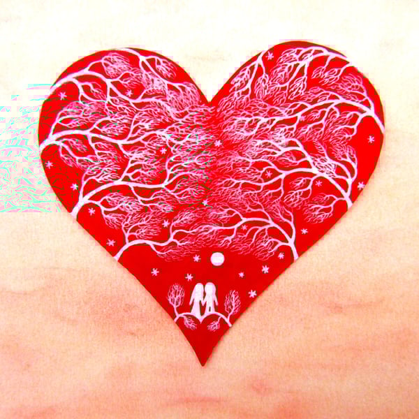 Valentines Card, Heart, Romantic Couple Moon Stars Trees, Love Art 