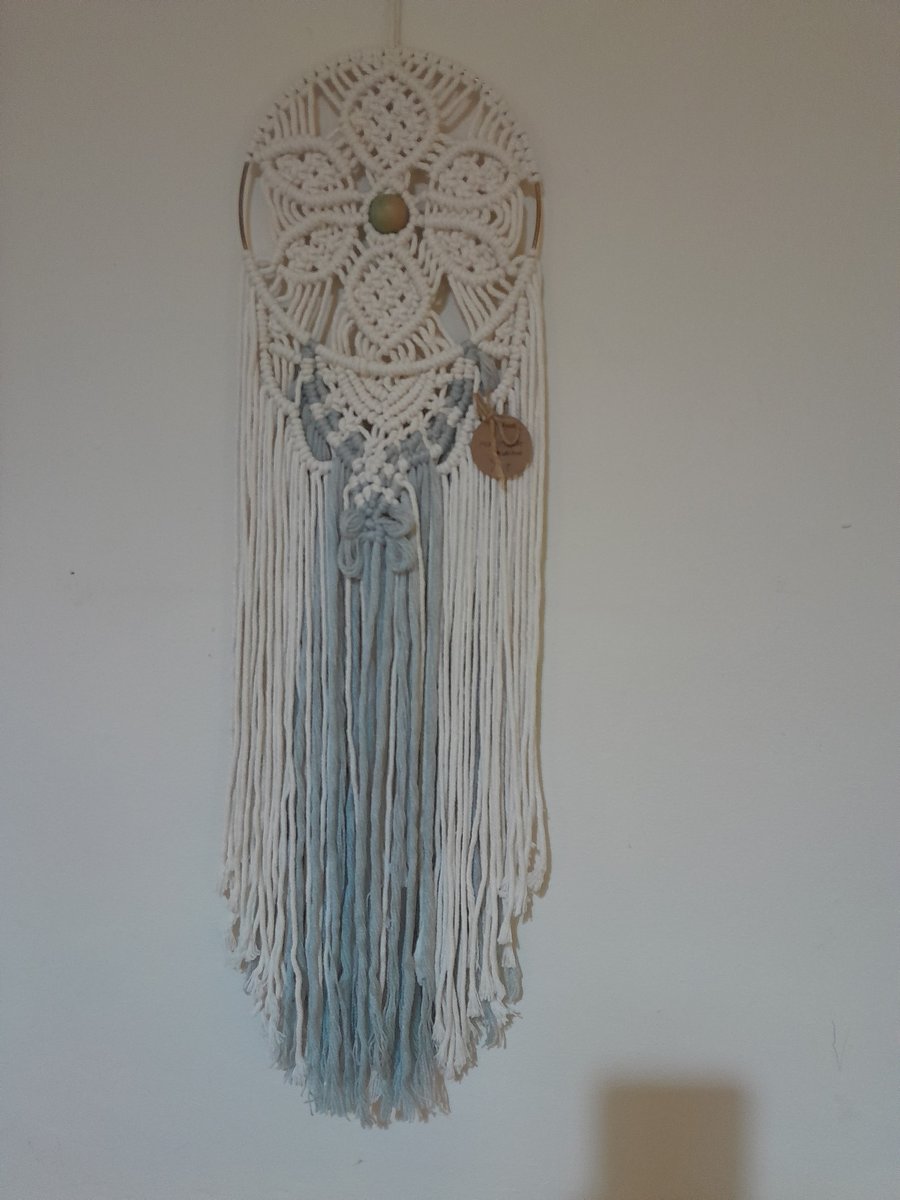 Macrame wall hanging, handmade,cream white, muted blue, 