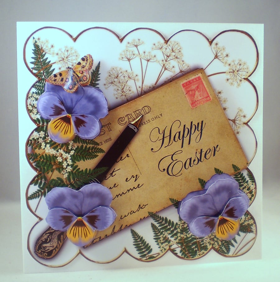 Easter Decoupage, 3D Flower Greetings Card,Pansies, Violas