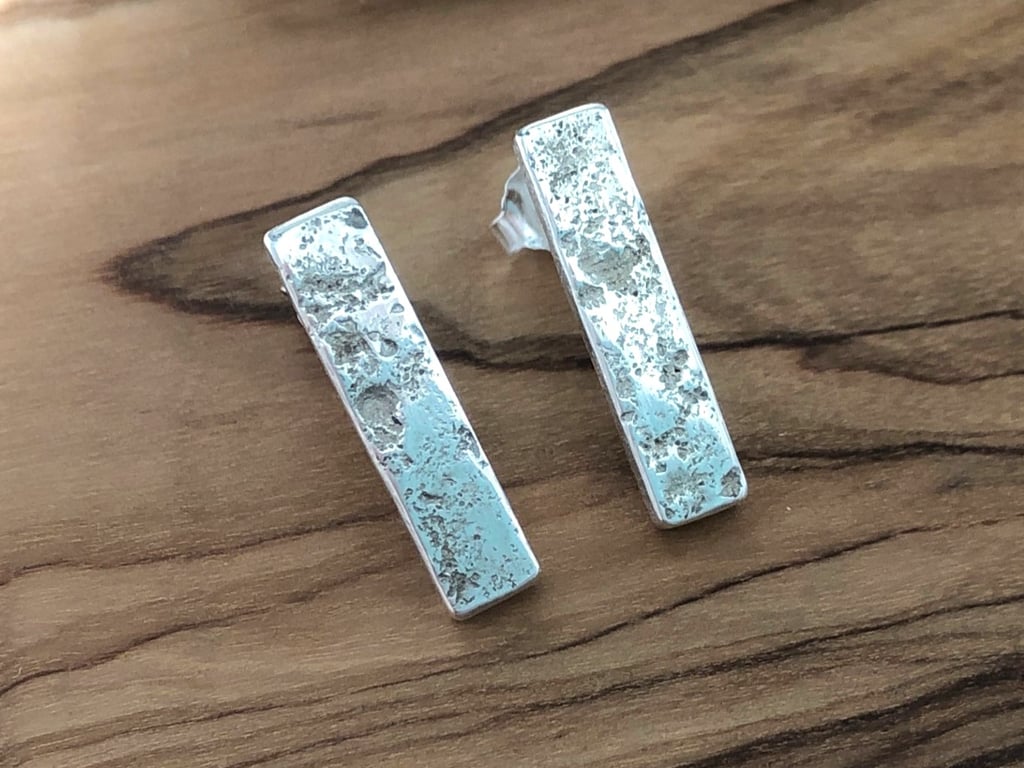 Silver Bar Textured Stud Earrings