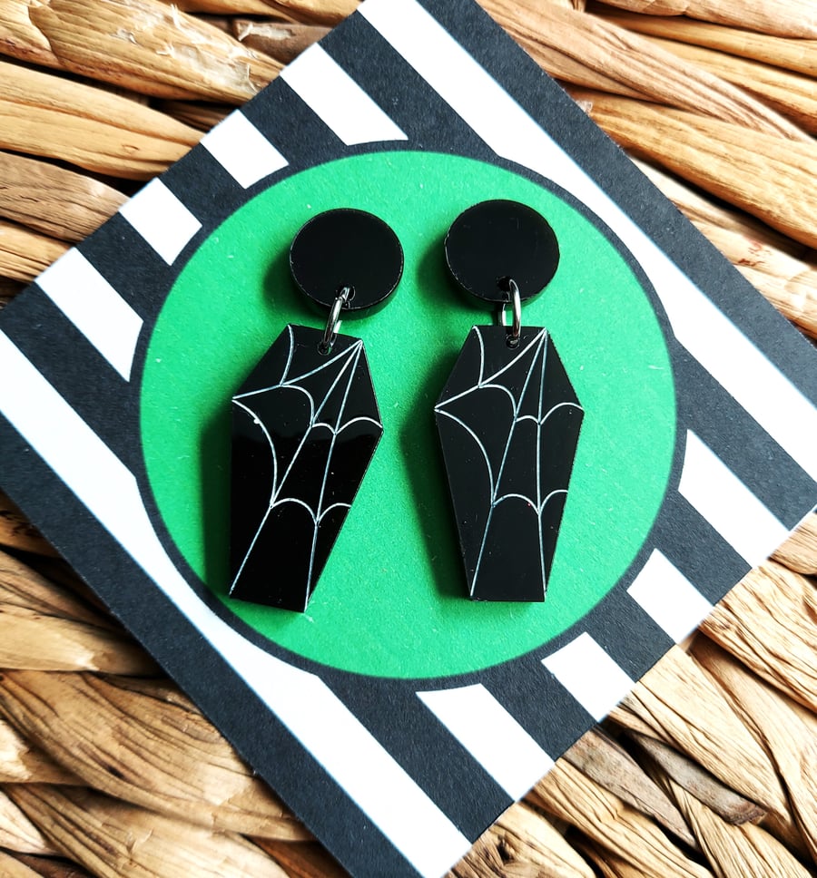 Black Spiderweb Coffin Earrings, Halloween Jewellery, Hand Painted Resin.