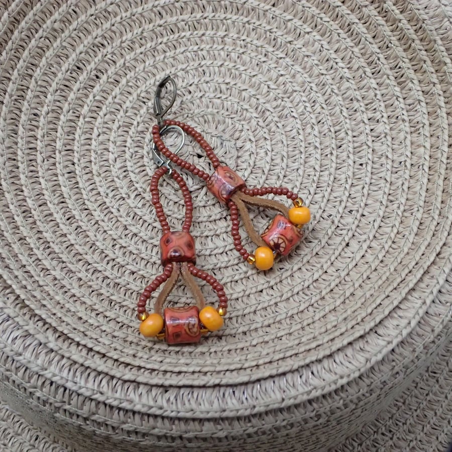  Brown and Orange Beaded Dangle Earrings, Boho Style 