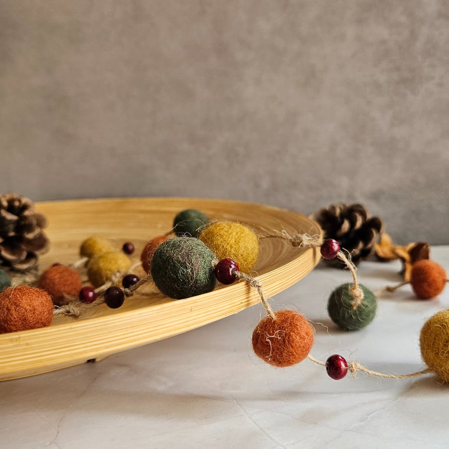 Felt Ball Garland, Bunting - Woodland, Autumn colours, rustic, Autumn