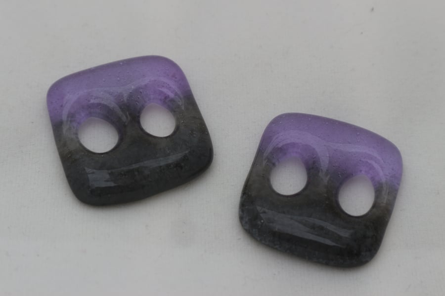 Handmade pair of cast glass buttons - Square lilac grey jelly