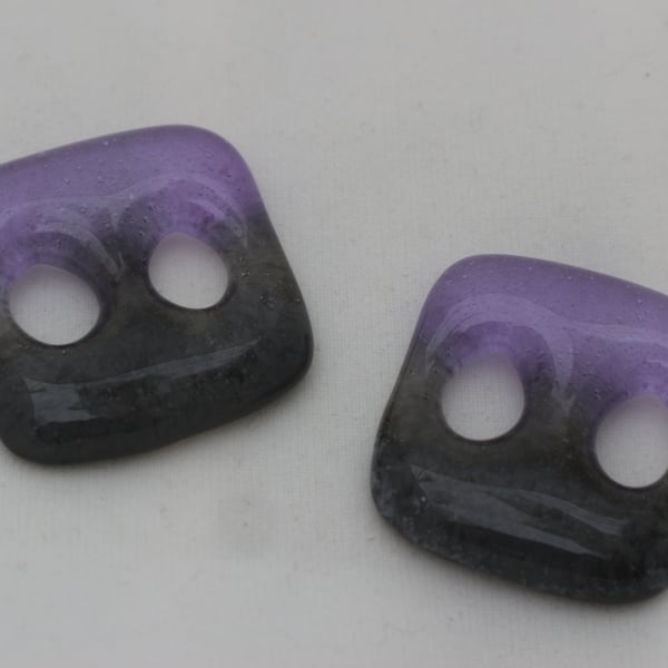 Handmade pair of cast glass buttons - Square lilac grey jelly