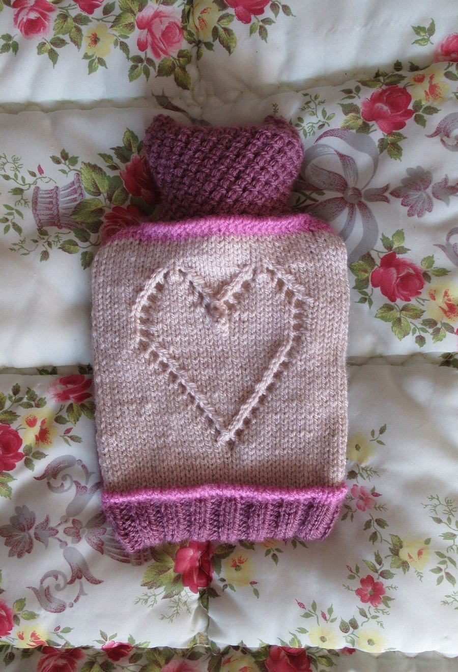 Hand knitted lace heart hot water bottle cover - pink