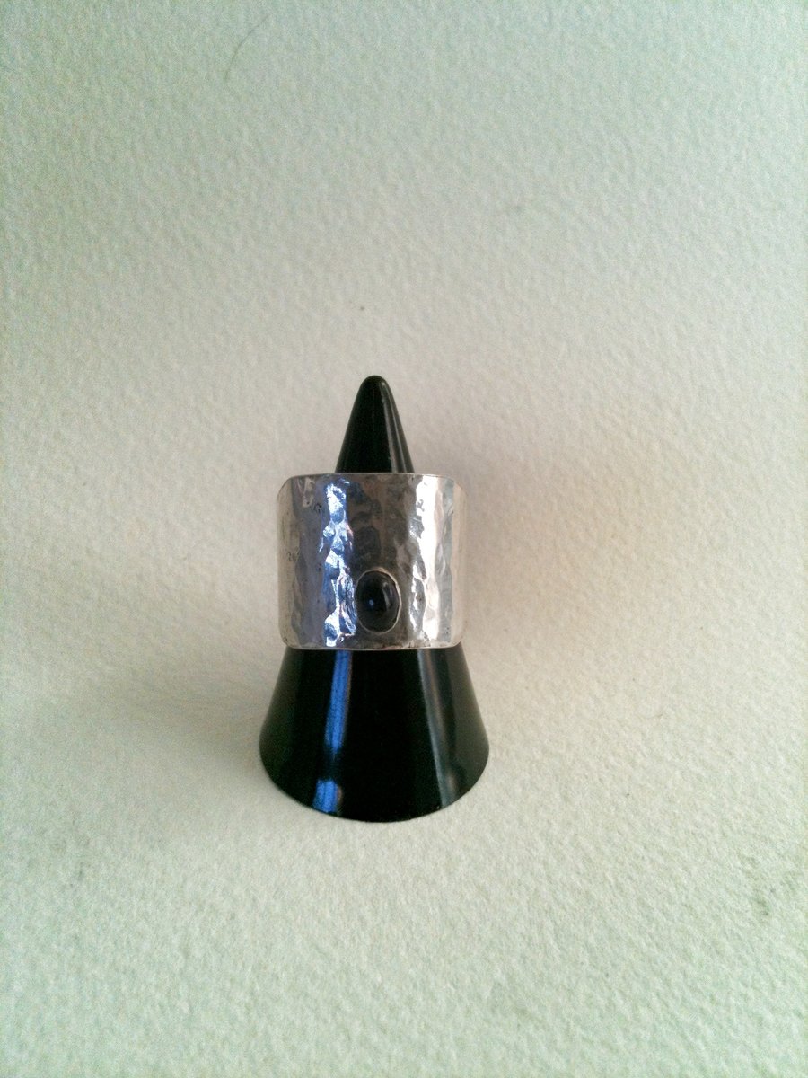 Wide Silver Band Ring with Oval Blue Iolite Stone